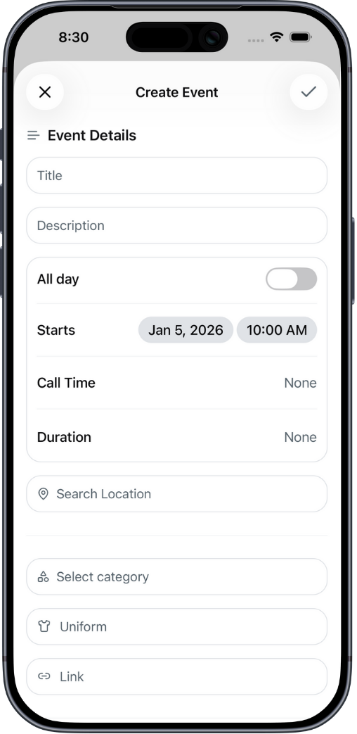 Create Event Screen on iPhone